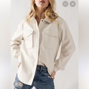 Express Cream Faux Leather snap button up Shirt